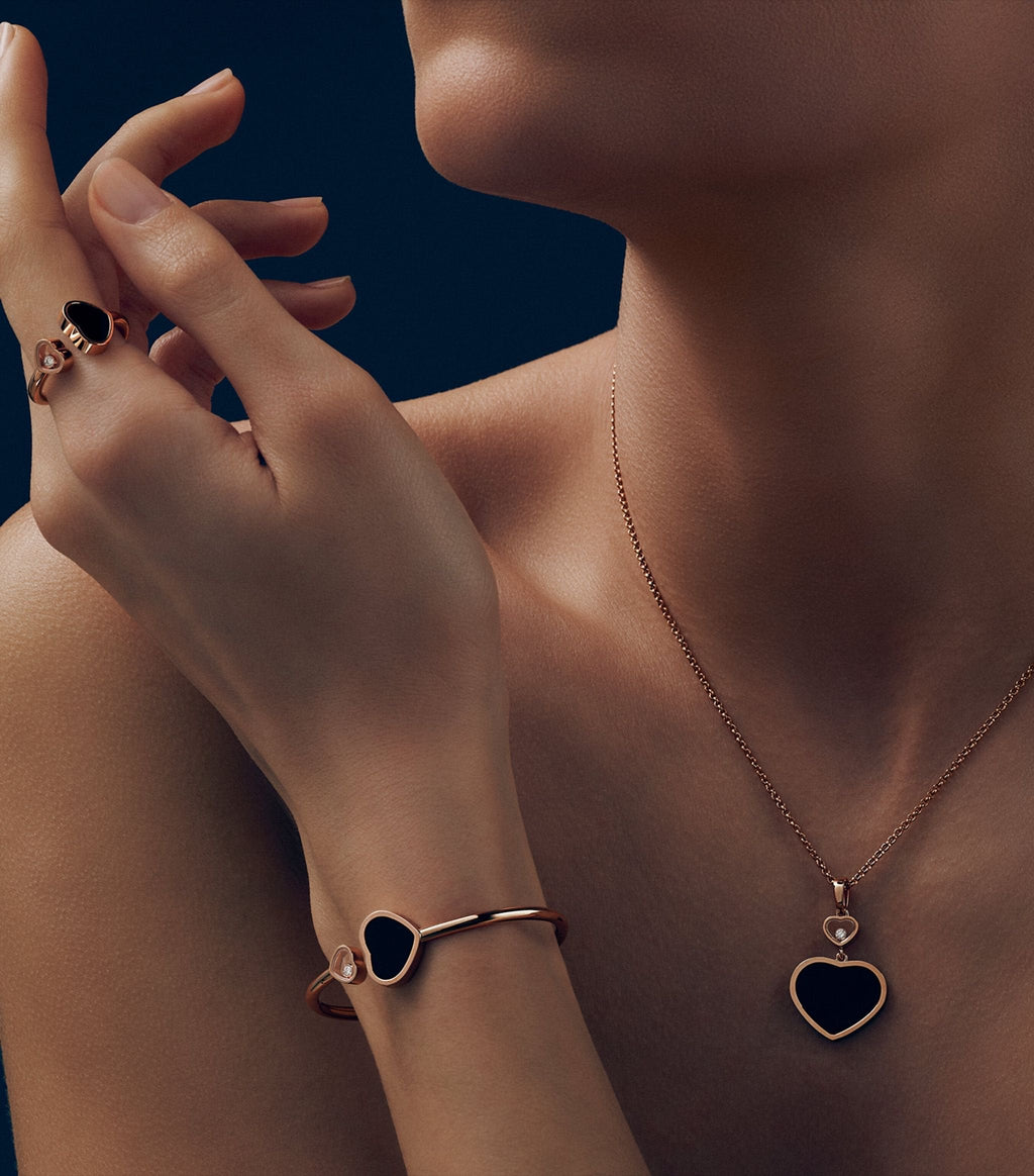 CHOPARD HAPPY HEART ONYX RING PINK GOLD