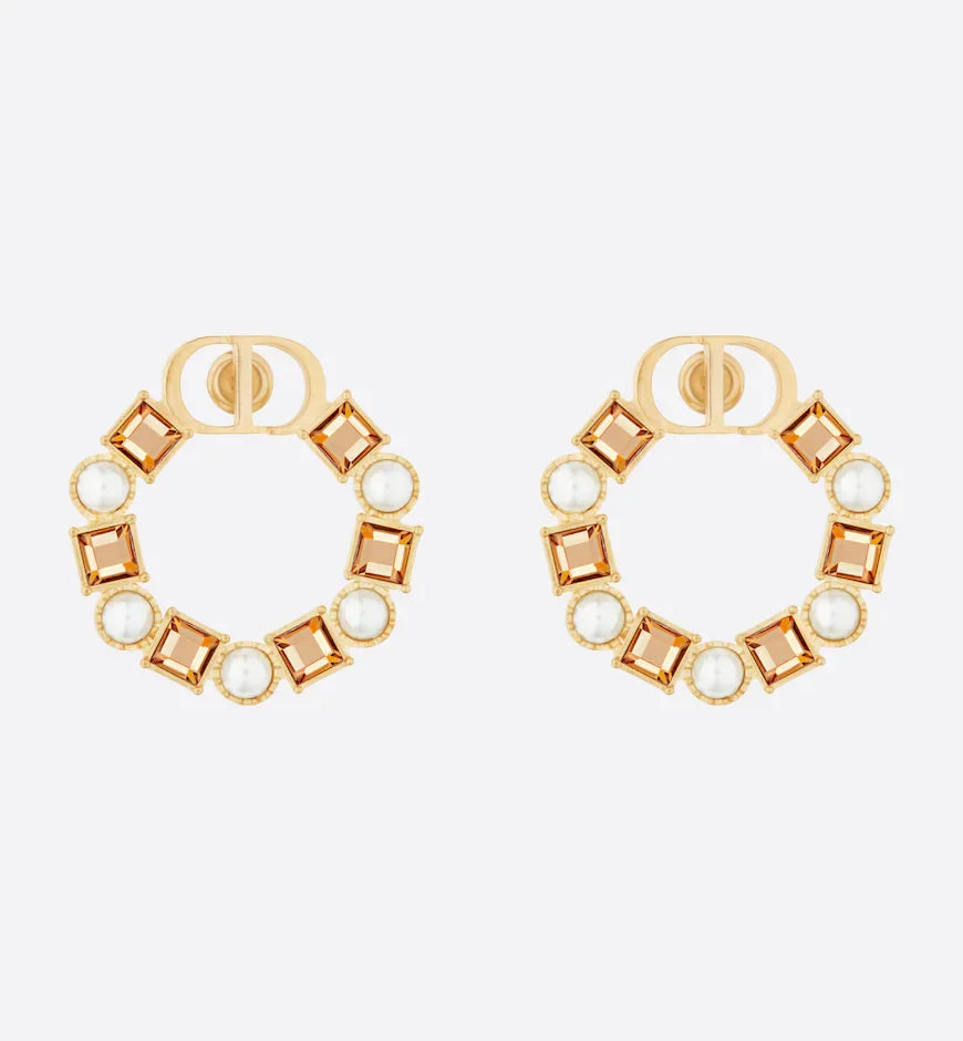 DIOR CD EARRINGS GOLD-FINISH METAL WITH RESIN PEARLS AND AMBER-COLORED CRYSTALS