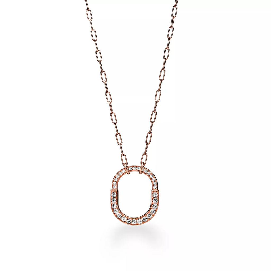 TIFFANY LOCK NECKLACE MEDIUM PENDANT PINK GOLD PAVED DIAMONDS