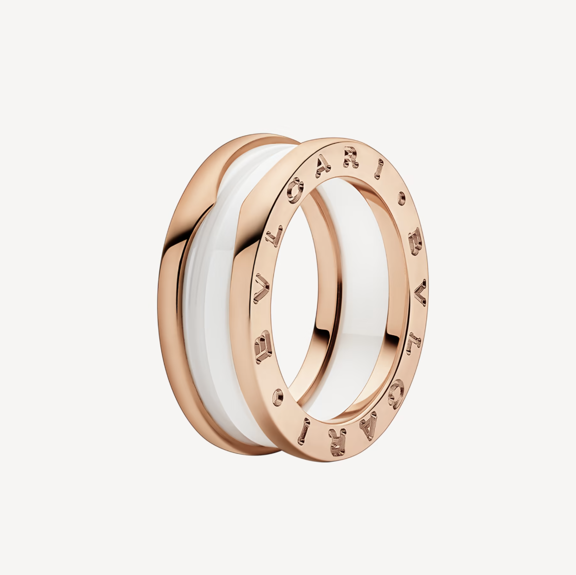 BVLGARI ZERO 1 TWO-BAND LOOPS AND WHITE CERAMIC SPIRAL PINK GOLD RING