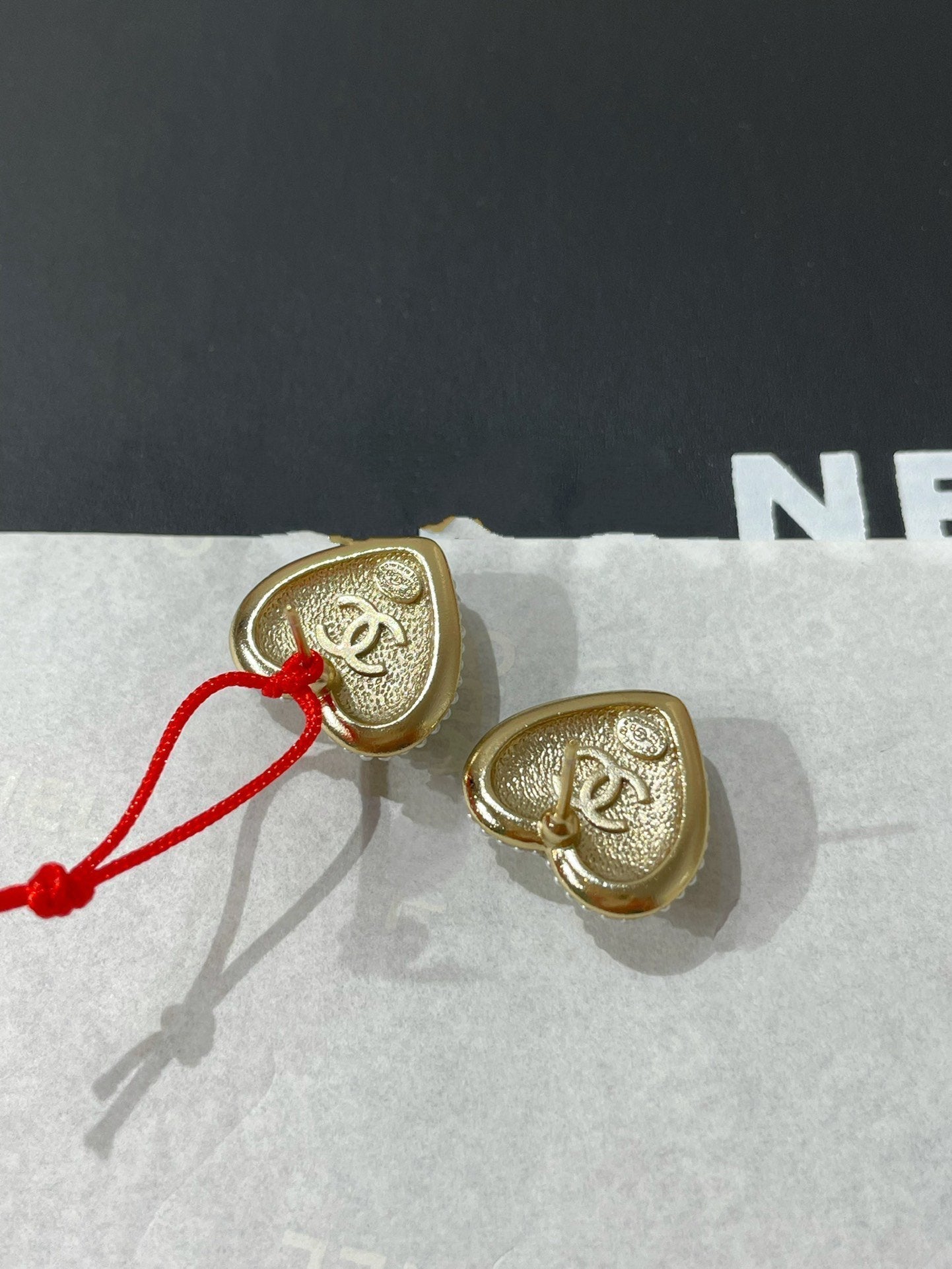 Chanel Heart Diamond Paved Mop Stud Earrings