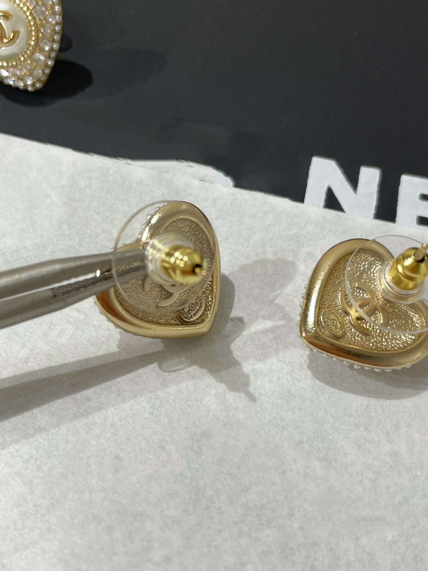 Chanel Heart Diamond Paved Mop Stud Earrings