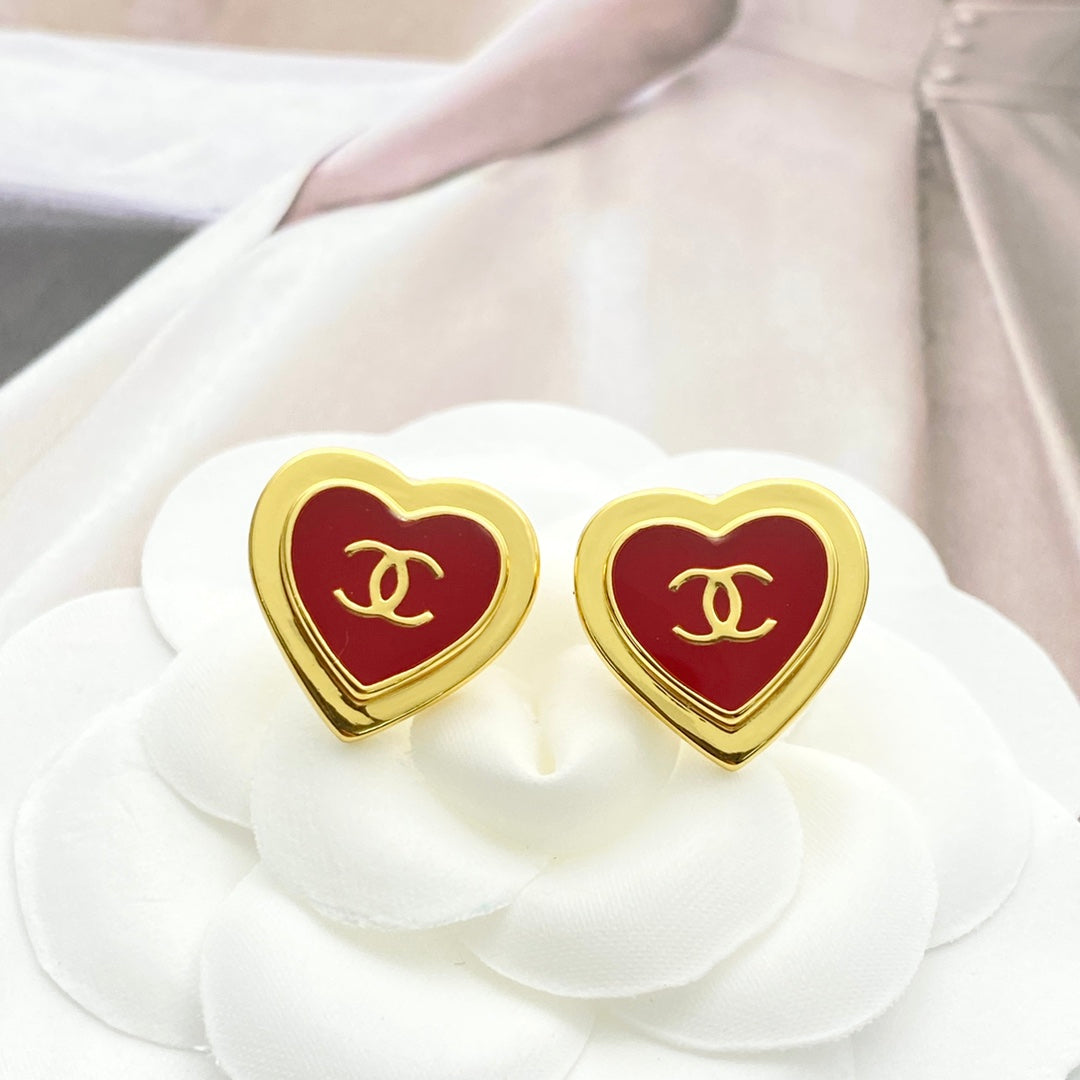 Chanel Red Enamel Gold Double C Heart Earrings