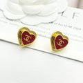 Chanel Red Enamel Gold Double C Heart Earrings