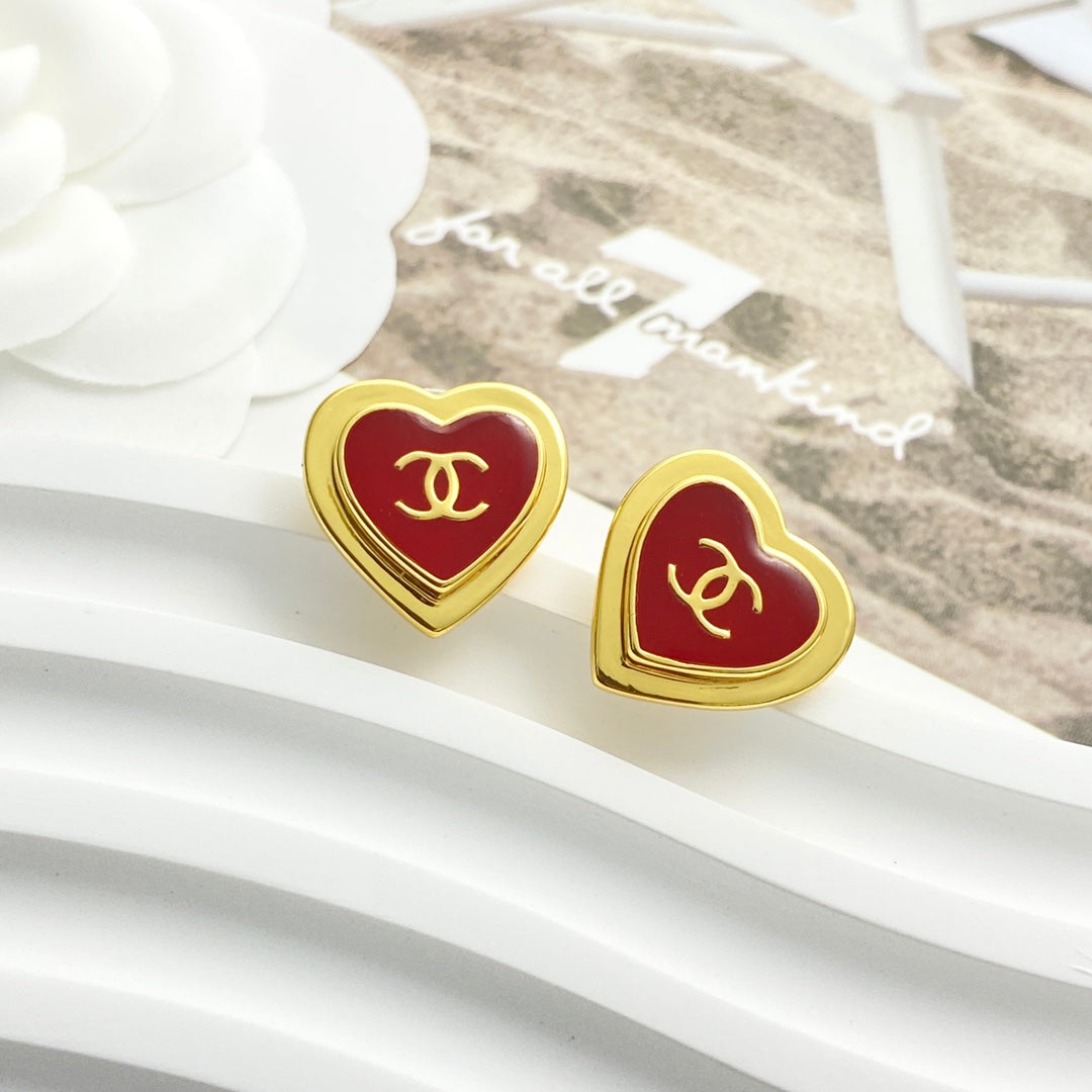 Chanel Red Enamel Gold Double C Heart Earrings