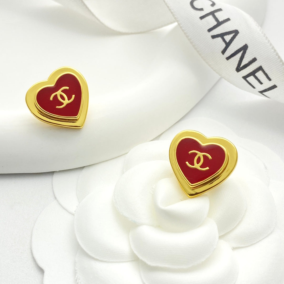 Chanel Red Enamel Gold Double C Heart Earrings