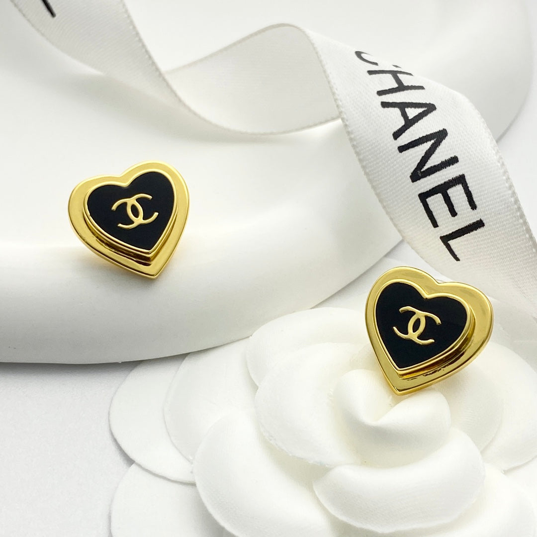 Chanel Black Enamel Gold Double C Heart Earrings