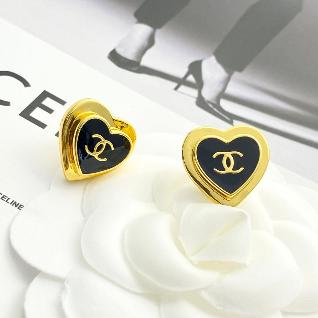 Chanel Black Enamel Gold Double C Heart Earrings