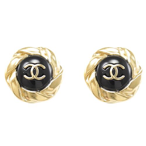 Chanel Double C Mini Stud Gold Black Earrings