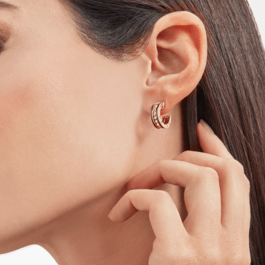 BVLGARI ZERO 1 ROCK PINK GOLD EARRINGS WITH STUDDED SPIRAL AND BLACK CERAMIC