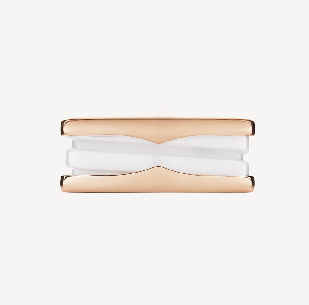 BVLGARI ZERO 1 TWO-BAND LOOPS AND WHITE CERAMIC SPIRAL PINK GOLD RING