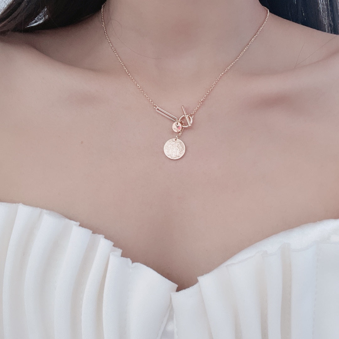 HERMES HM ROUND CARD SILVER PINK GOLD DROP NECKLACE