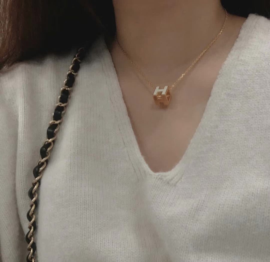 HERMES H WHITE SQUARE PINK GOLD NECKLACE
