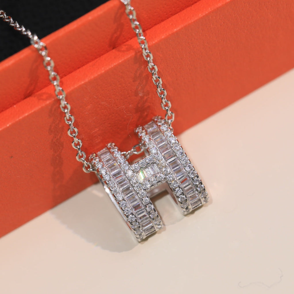 HERMES POP H SILVER FULL DIAMOND NECKLACE