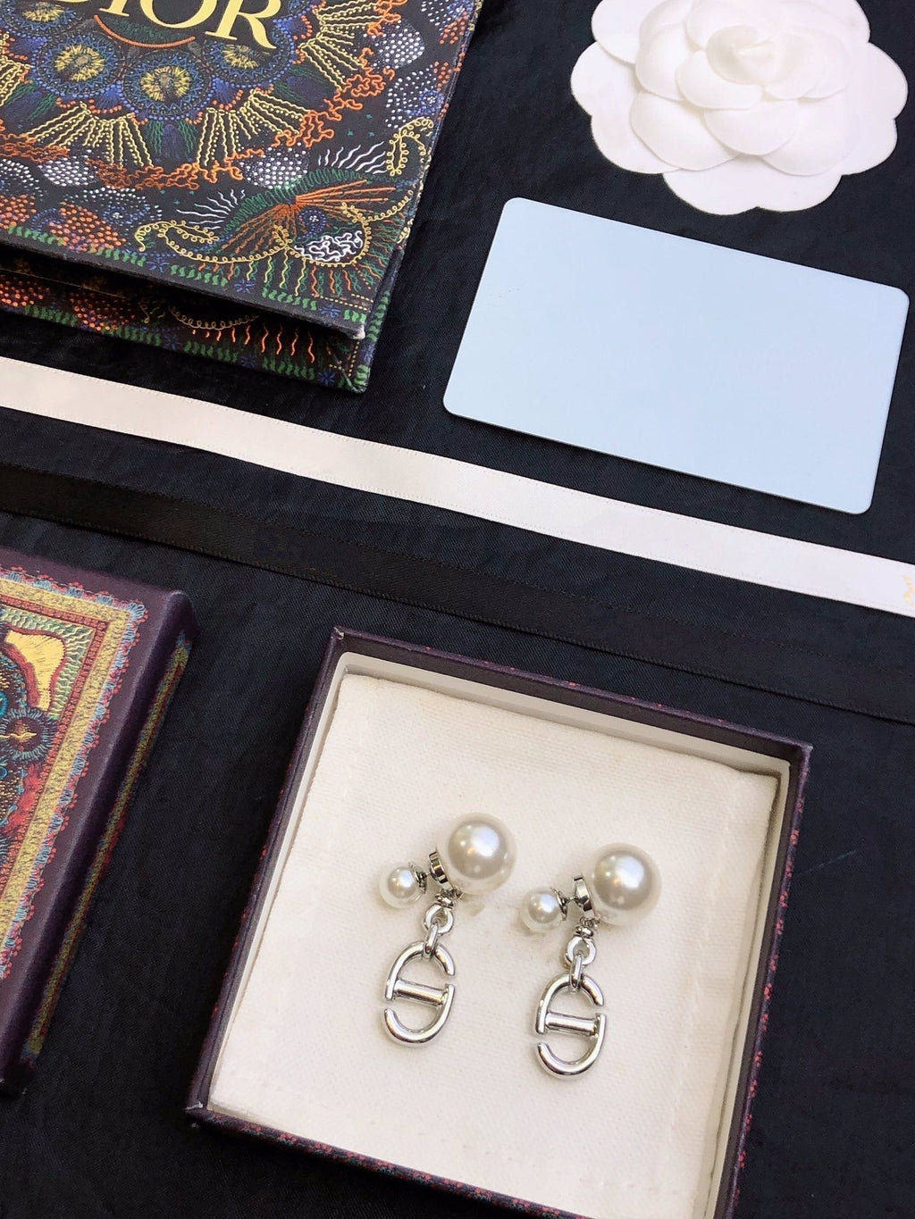DIOR CD DROP PEARL TRIBALES EARRINGS SILVER