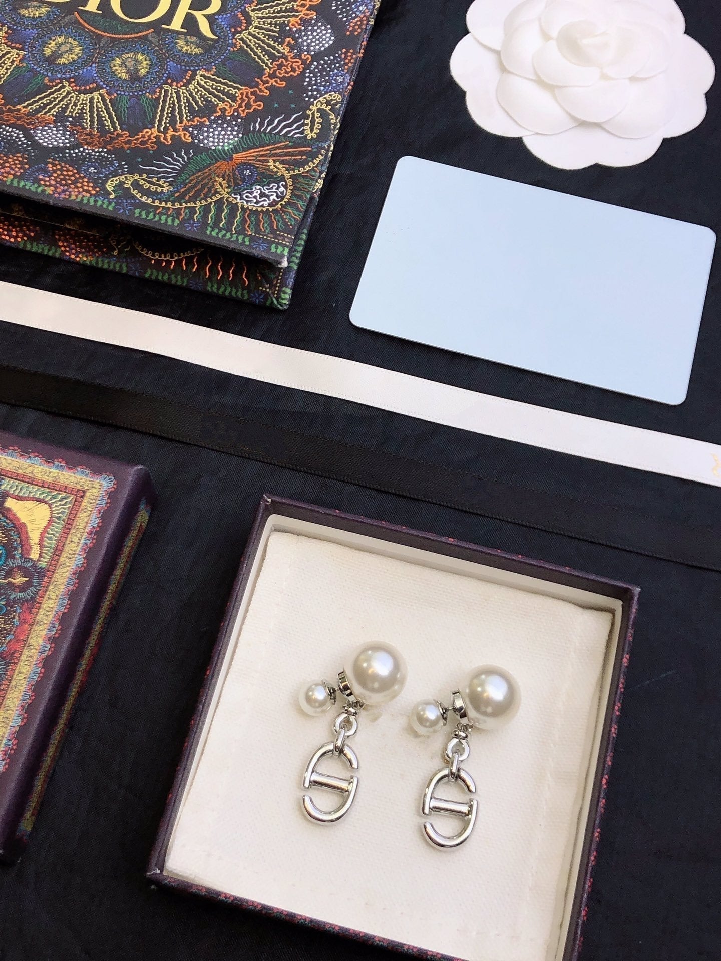 DIOR CD DROP PEARL TRIBALES EARRINGS SILVER