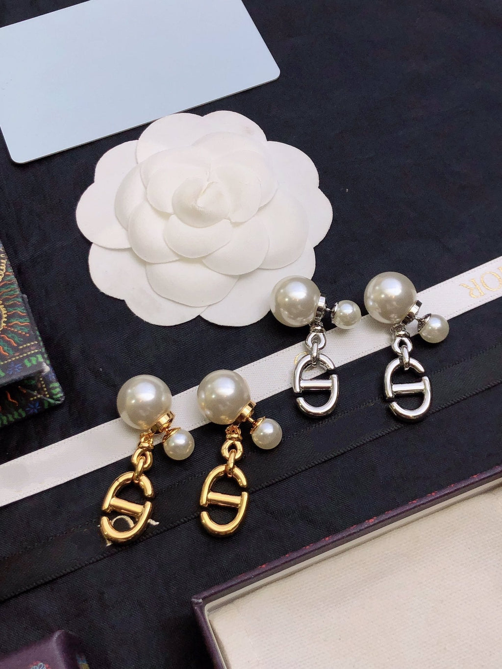DIOR CD DROP PEARL TRIBALES EARRINGS SILVER