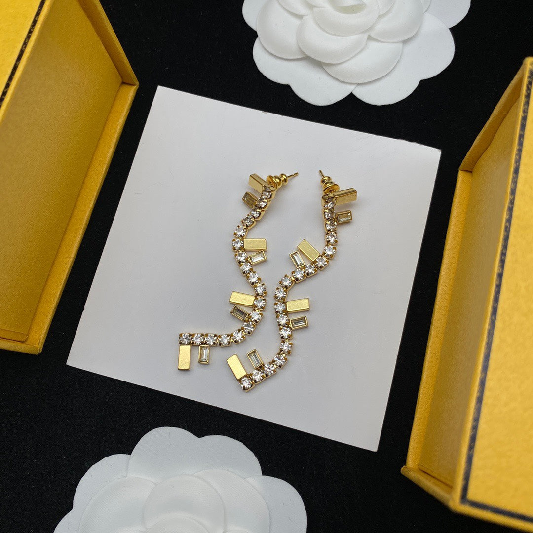 FENDI FF LOGO DROP GOLD DIAMOND EARRINGS
