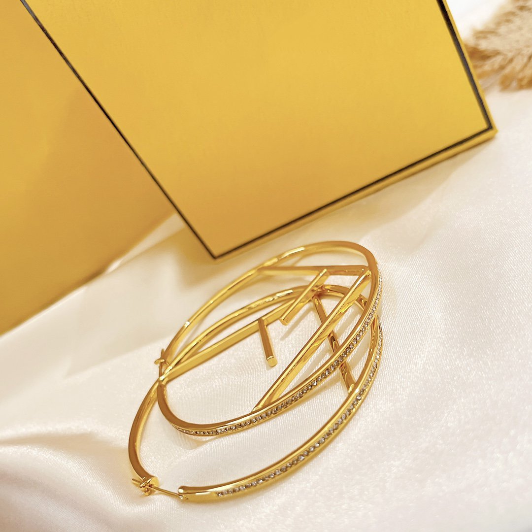 FENDI F GOLD FULL DIAMOND LETTER EARRINGS