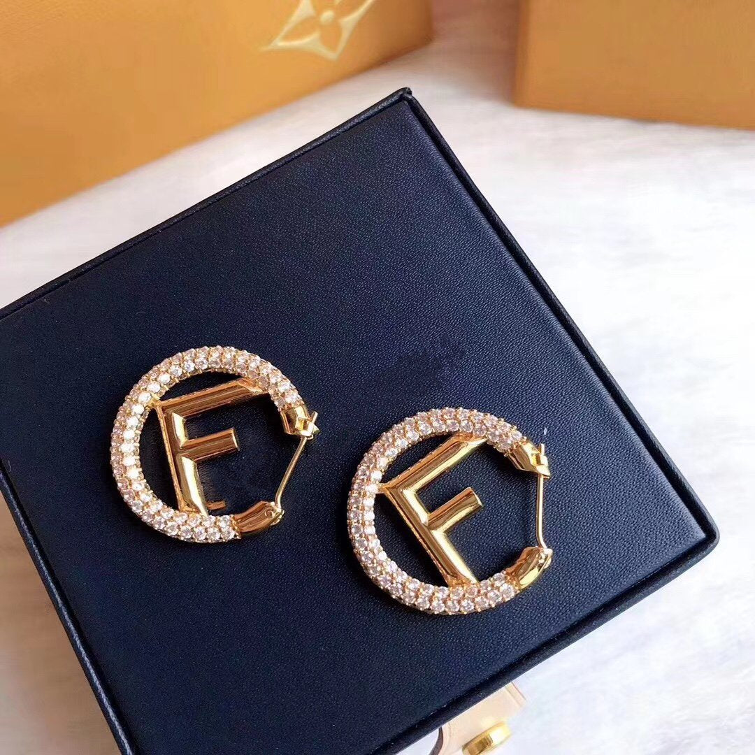 FENDI F LOGO GOLD DIAMOND EARRINGS