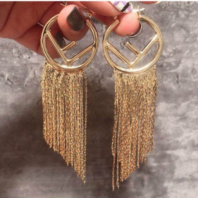 FENDI F LOGO TASSELS GOLD EARRINGS