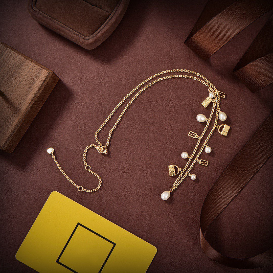FENDI FF BUCKLED PEARL GOLD NECKLACE