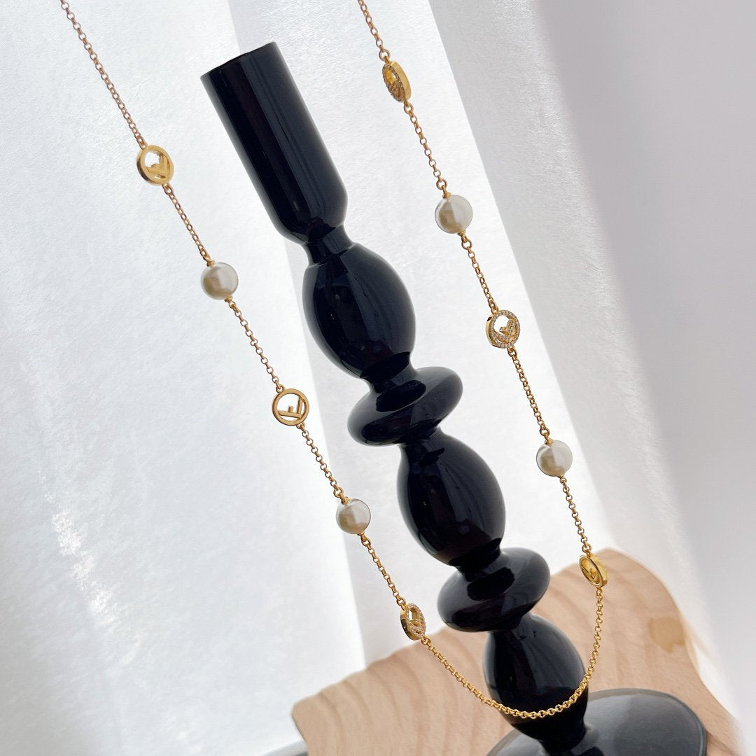 FENDI FF 6 MOTIF PEARL GOLD DIAMOND NECKLACE