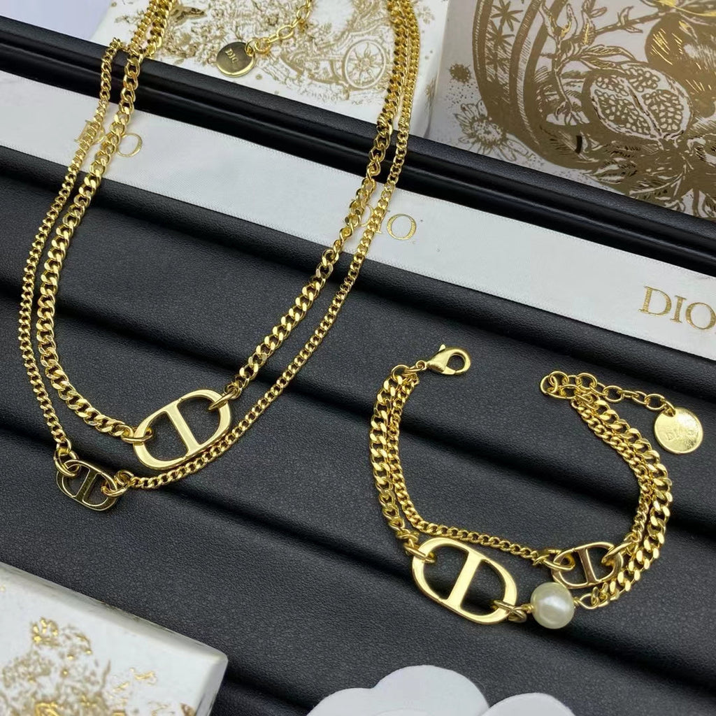 DIOR CD LOGO MOP GOLD DOUBLE CHAIN BRACELET