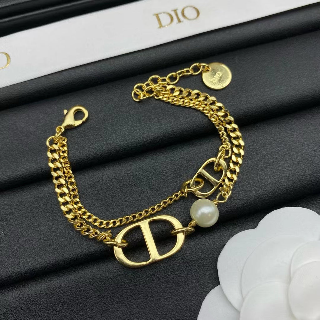 DIOR CD LOGO MOP GOLD DOUBLE CHAIN BRACELET