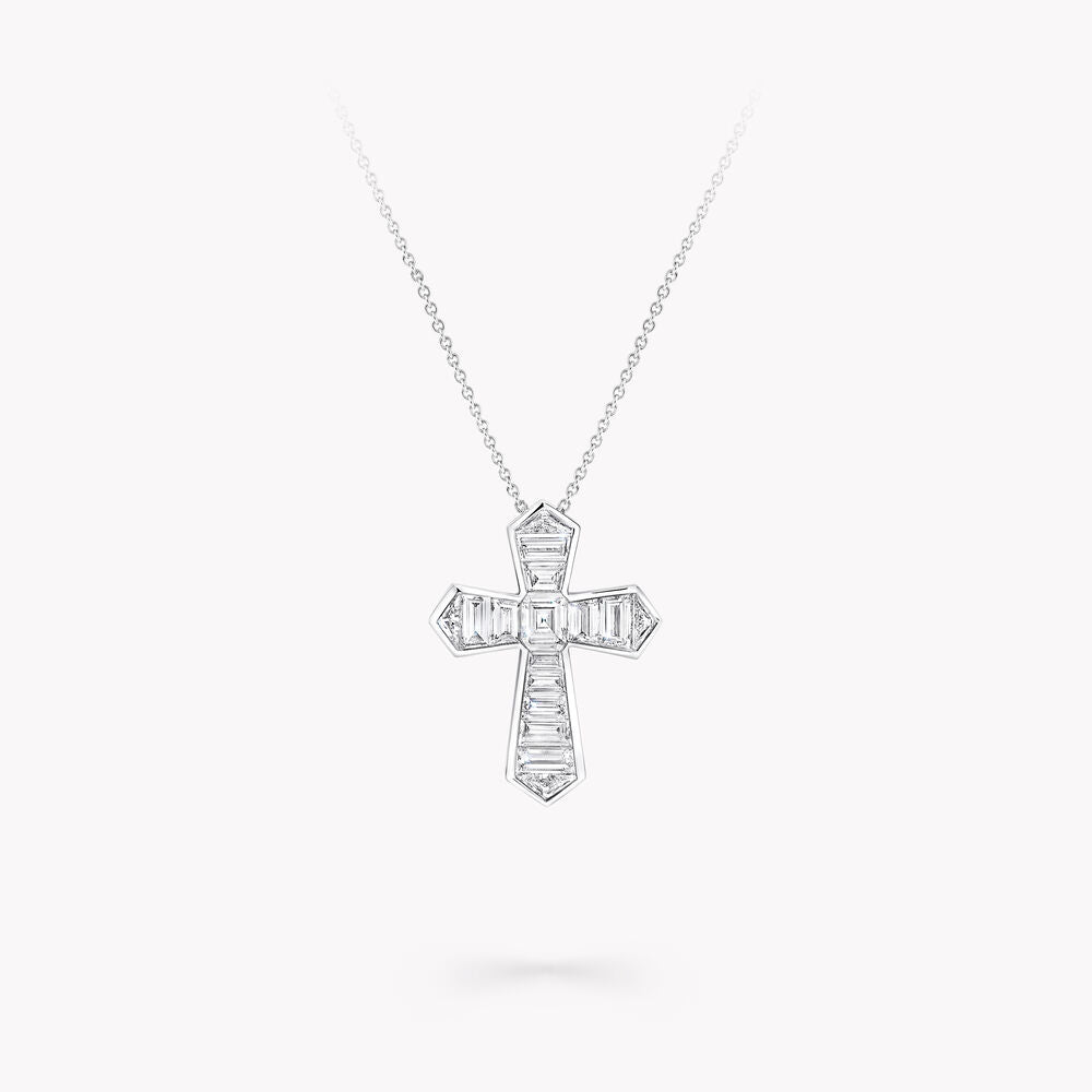GRAFF BAGUETTE CUT SILVER DIAMOND CROSS NECKLACE