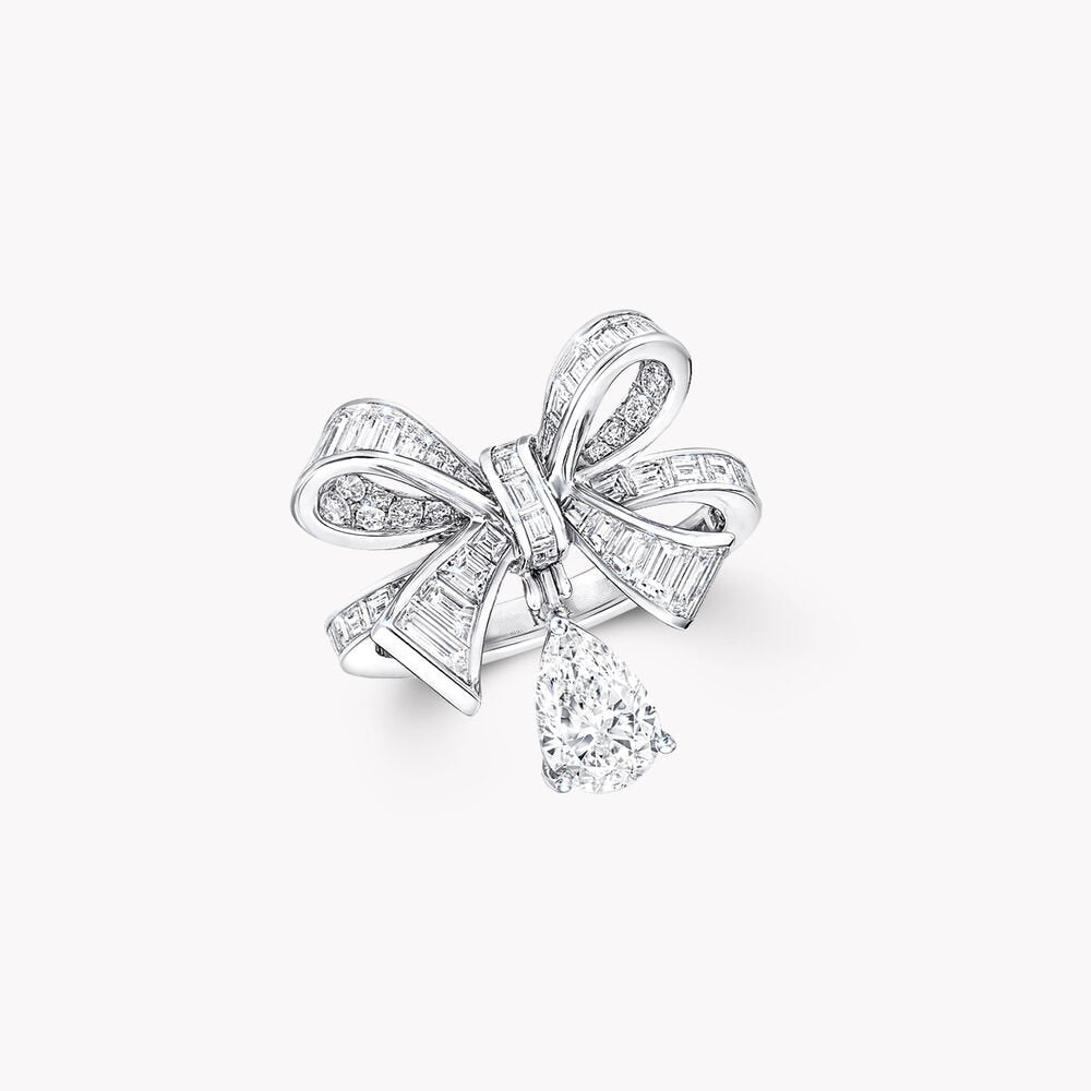 GRAFF TILDAS BOW BAGUETTE CUT SILVER DIAMOND DROP RING