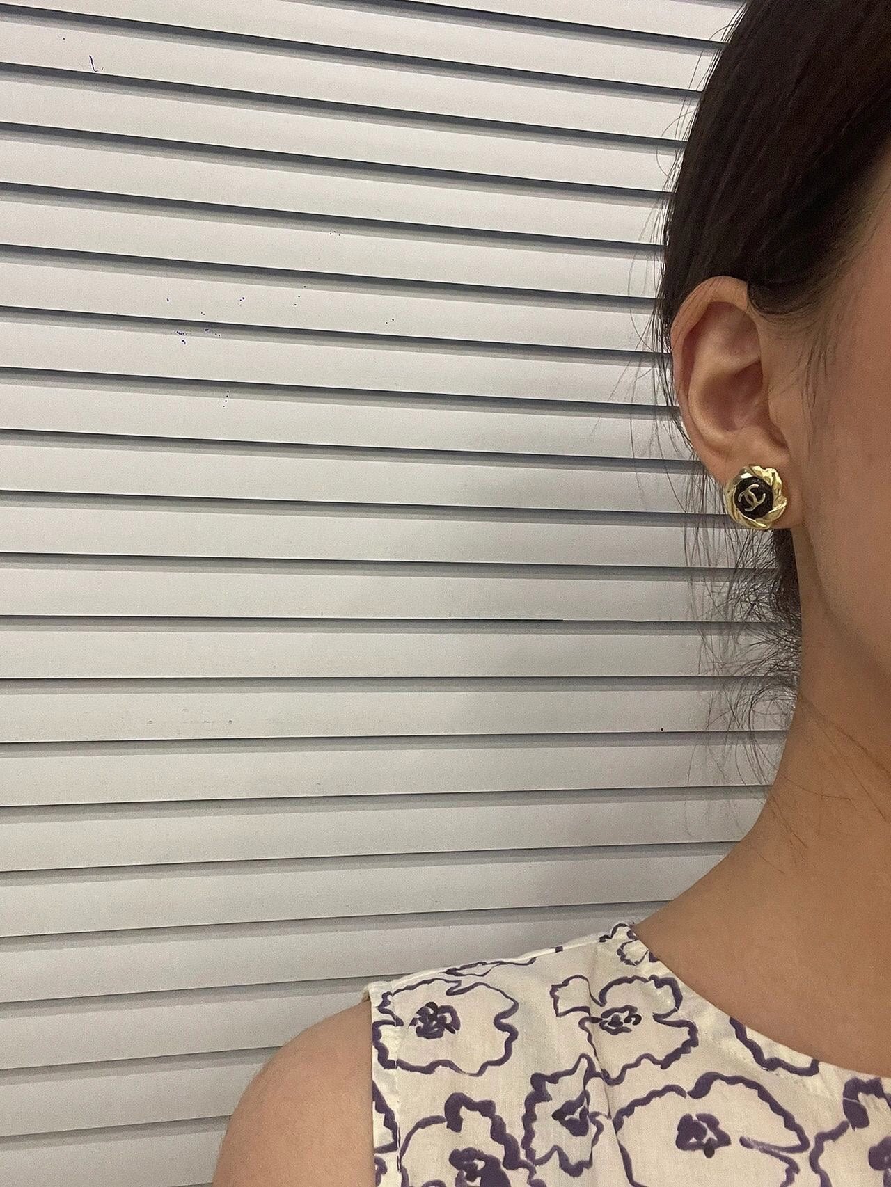 Chanel Double C Medium Stud Gold Black Earrings