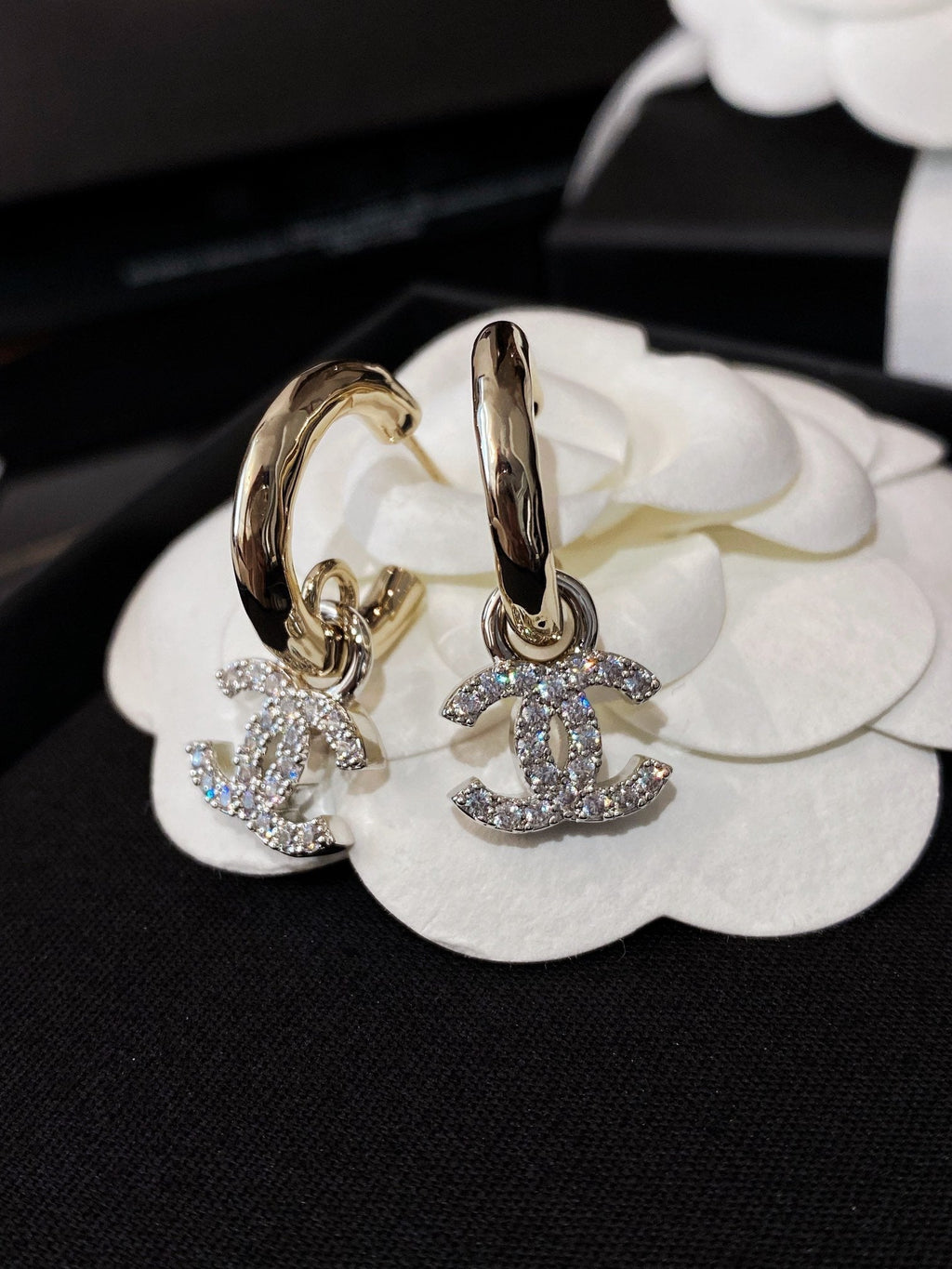 Chanel Double C Gold Diamond Earrings