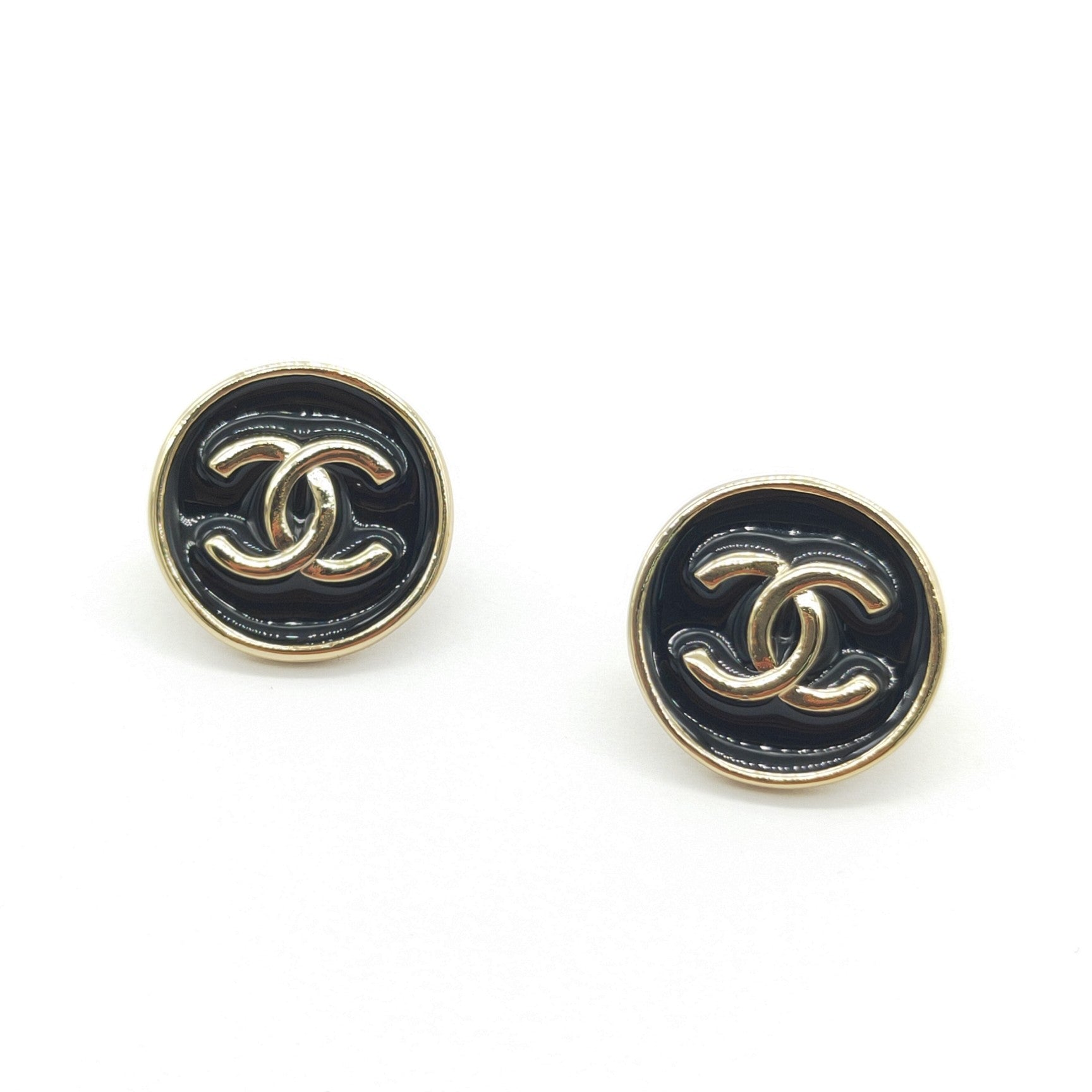 Chanel Double C Black Gold Stud Earrings