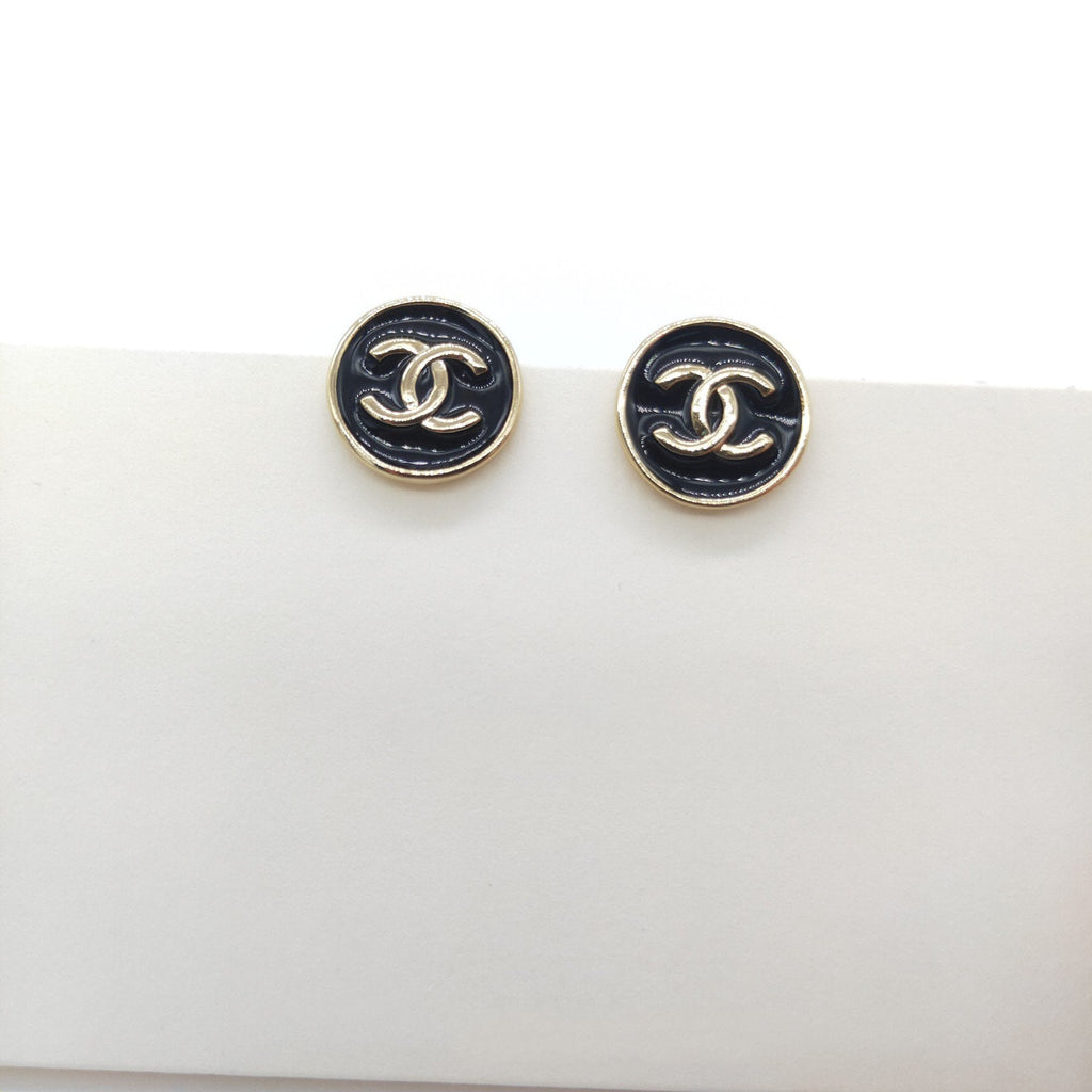 Chanel Double C Black Gold Stud Earrings