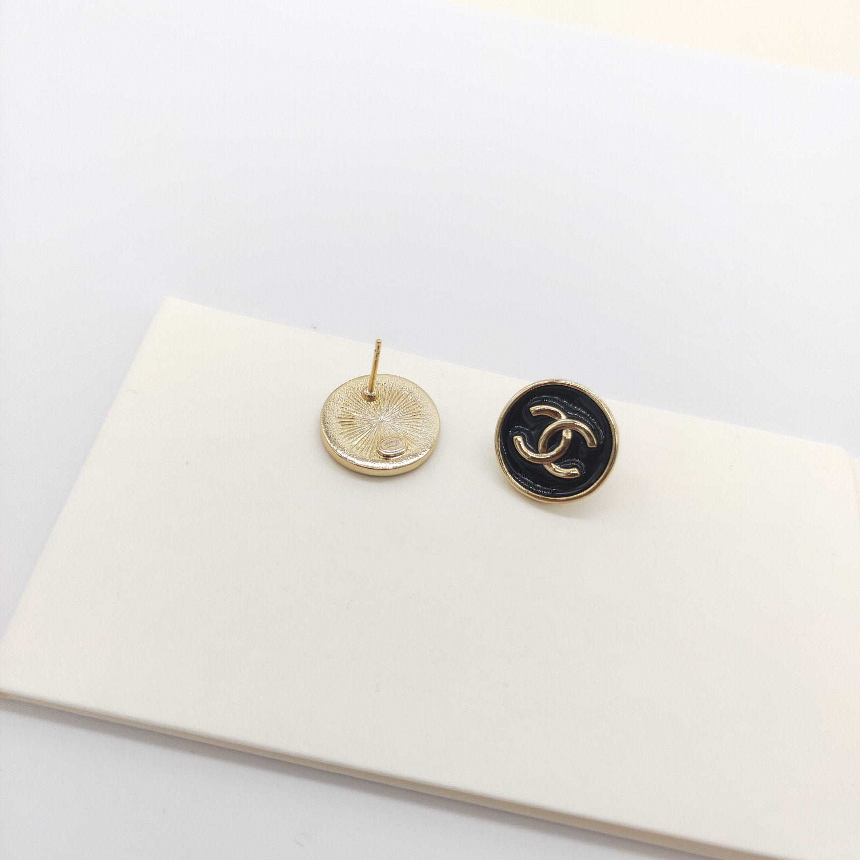 Chanel Double C Black Gold Stud Earrings