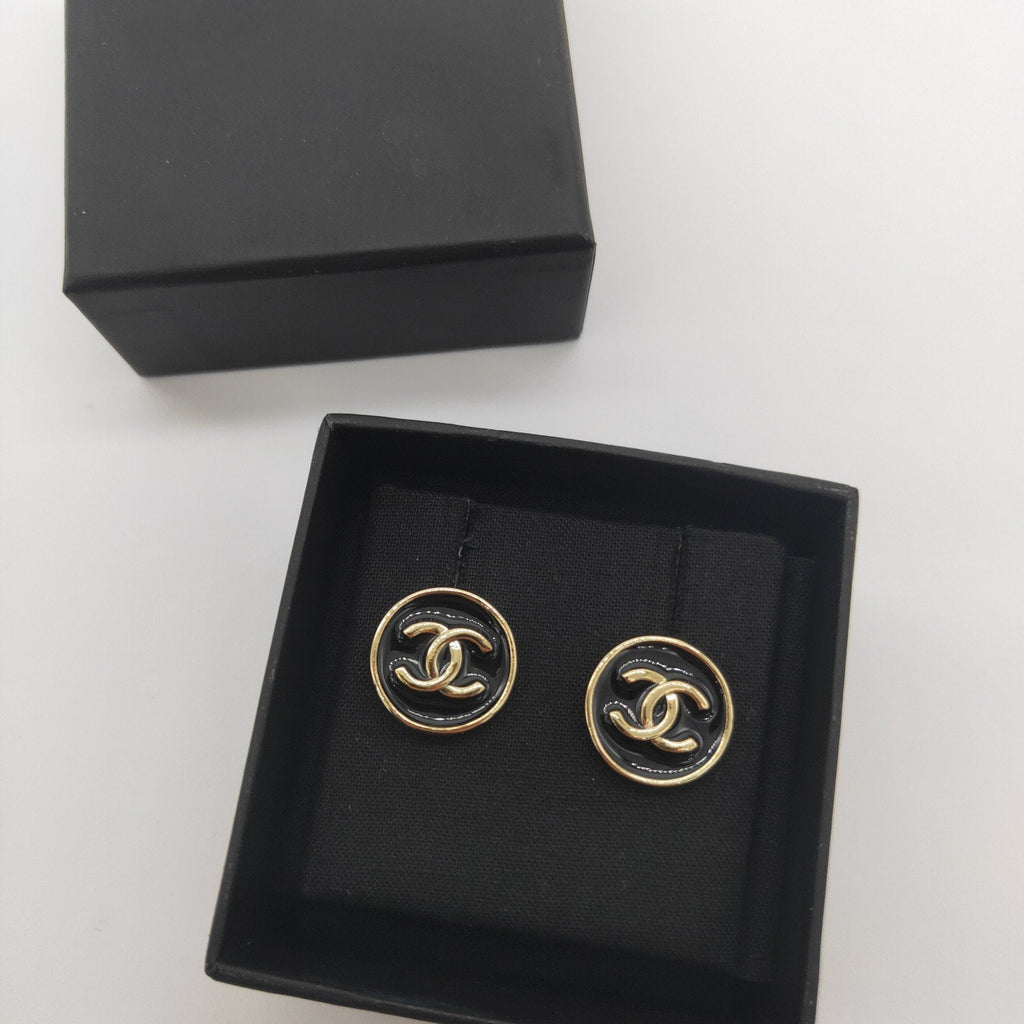 Chanel Double C Black Gold Stud Earrings