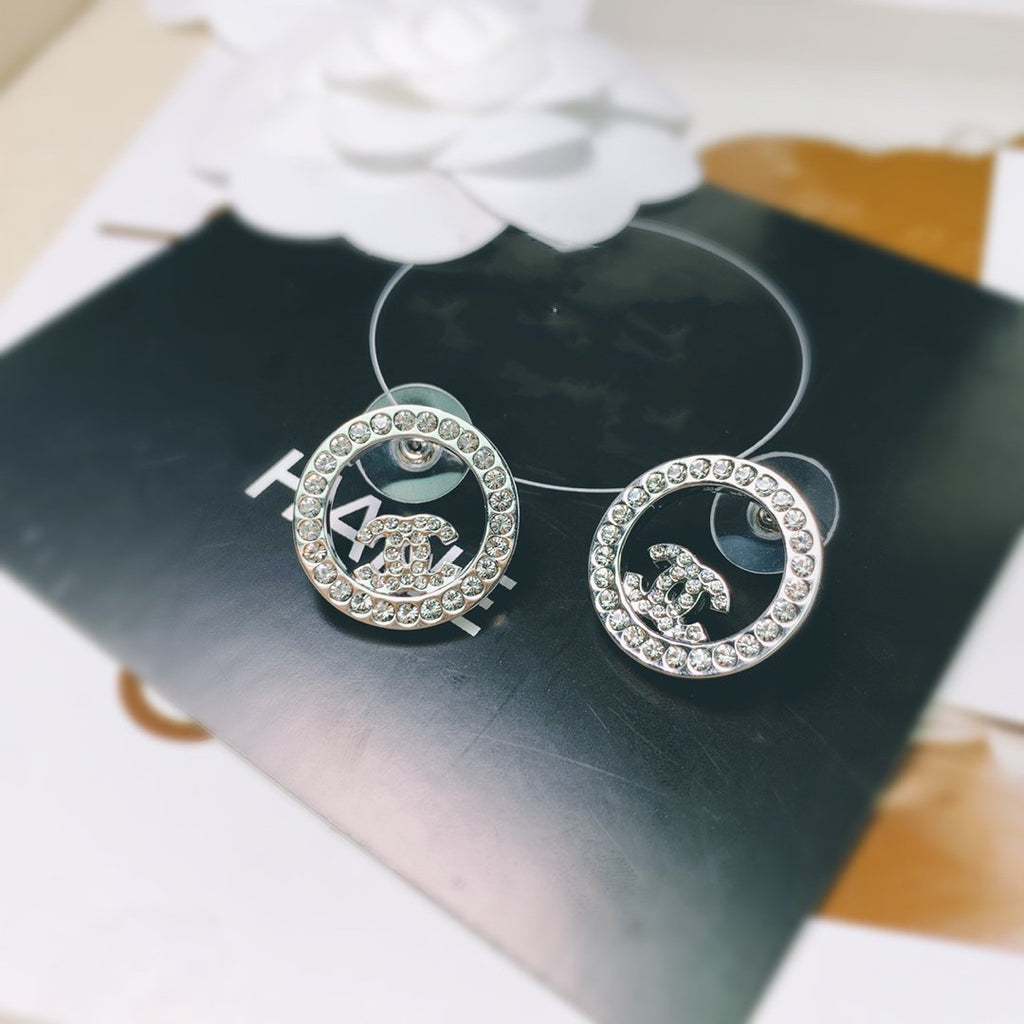 Chanel Double C Silver Diamond Stud Earrings