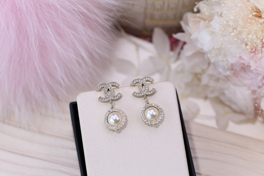 Chanel Double C Pearl Silver Diamond Earrings