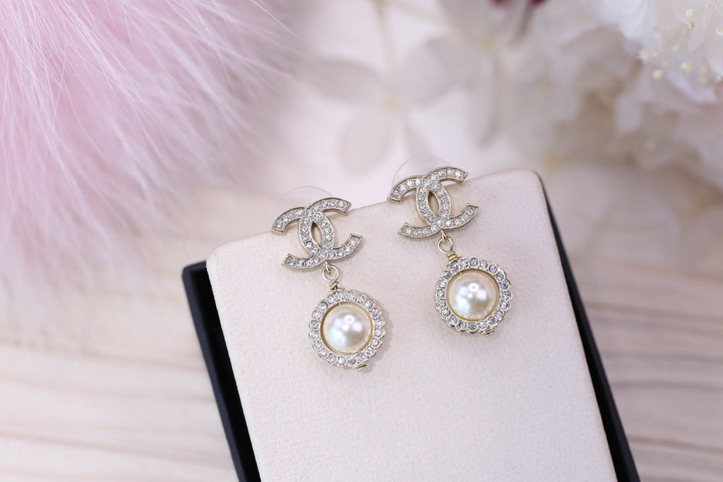 Chanel Double C Pearl Silver Diamond Earrings