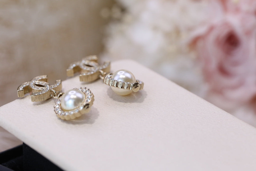 Chanel Double C Pearl Silver Diamond Earrings