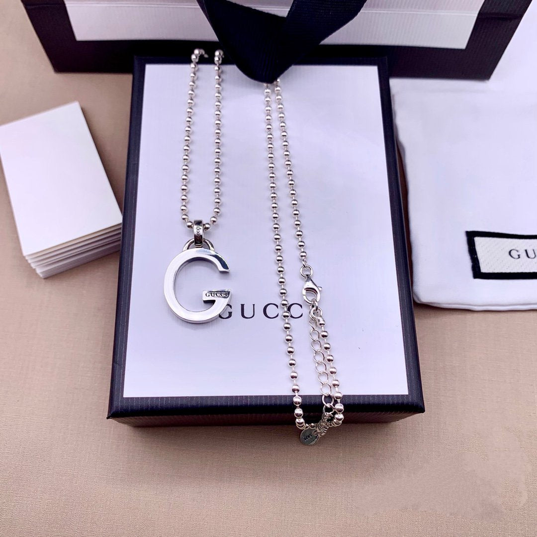 GUCCI STERLING SILVER LETTER DOUBLE G LOGO PENDANT VERSATILE NECKLACE