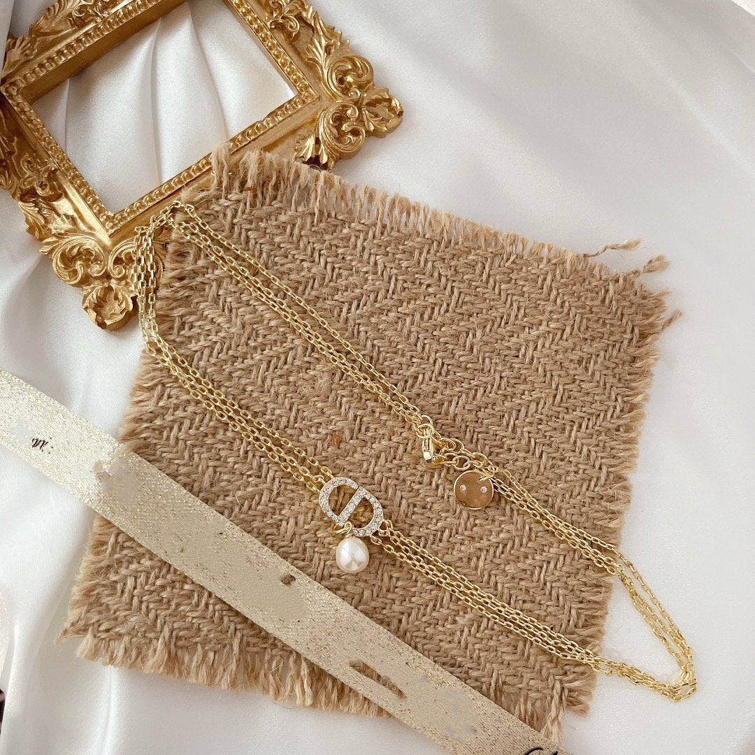 DIOR CD THREE-LAYER CHAIN CD PEARL NECKLACE