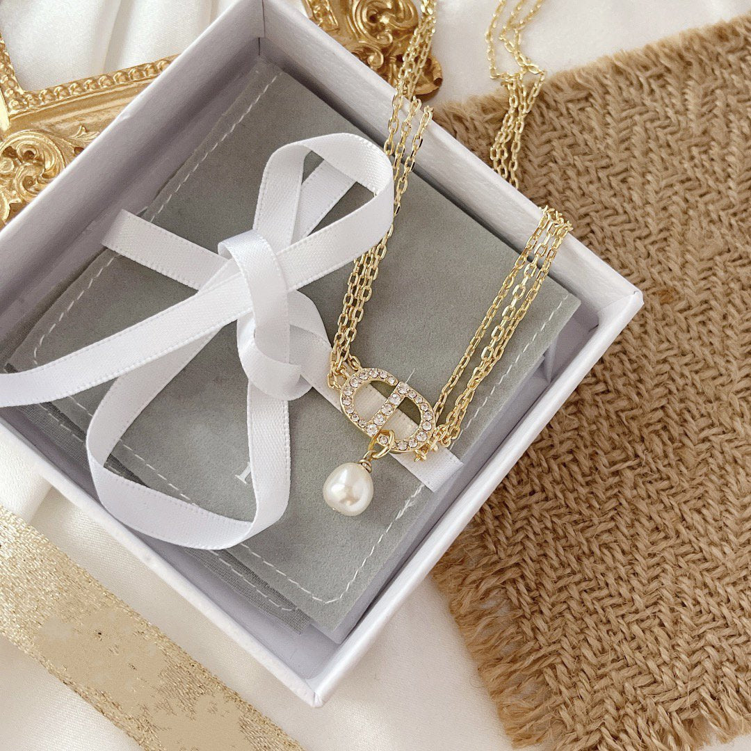 DIOR CD THREE-LAYER CHAIN CD PEARL NECKLACE