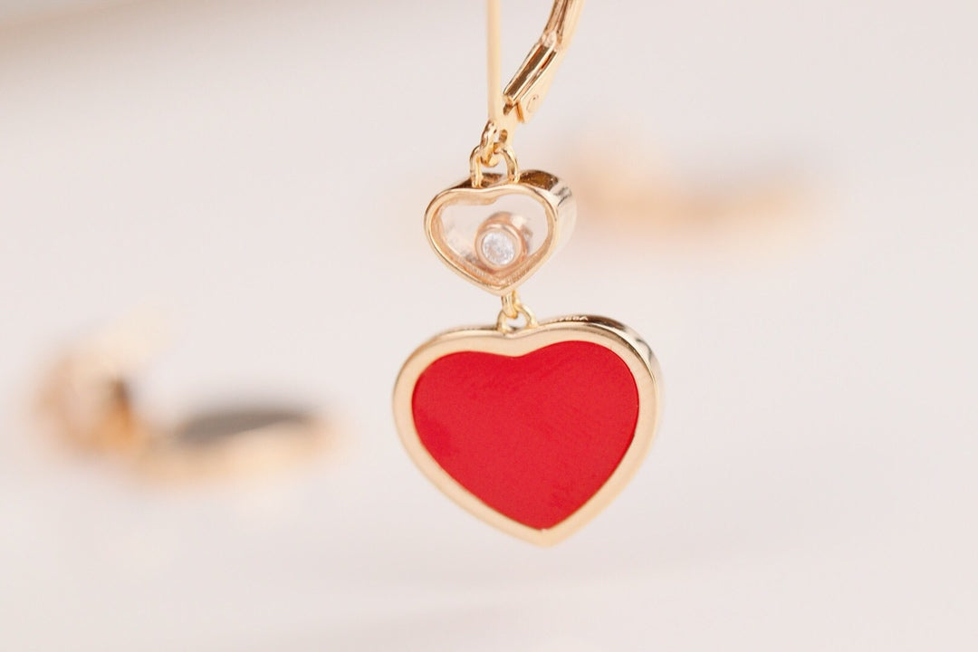 CHOPARD HAPPY HEART EARRINGS CARNELIAN PINK GOLD DIAMOND