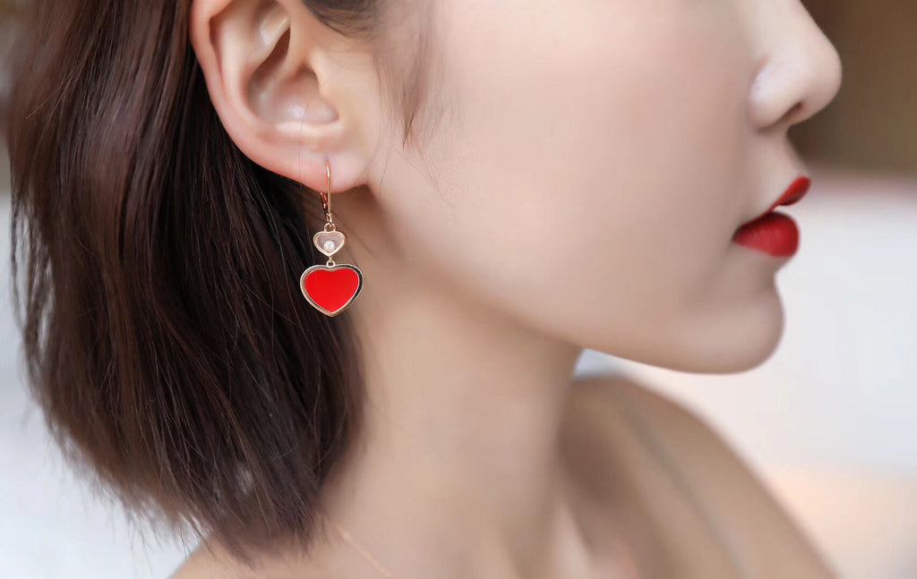 CHOPARD HAPPY HEART EARRINGS CARNELIAN PINK GOLD DIAMOND
