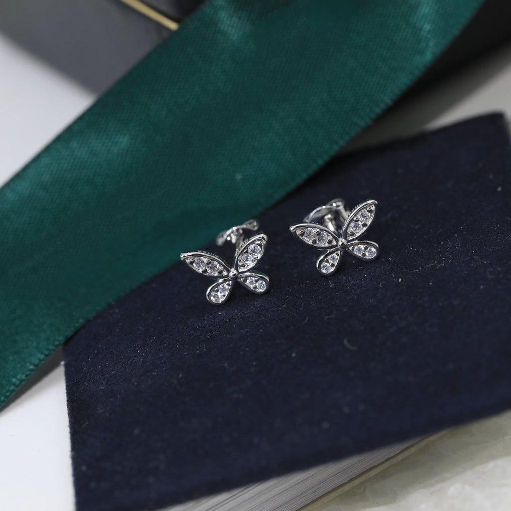 GRAFF BUTTERFLY SILVER DIAMOND PAVED PETITE STUD EARRINGS