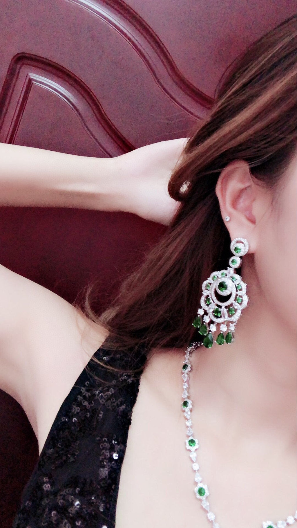 GRAFF GRA FLOWER SILVER GREEN DIAMOND DROP EARRINGS