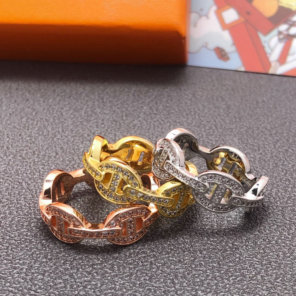 HERMES HM CHAINE D'ANCRE ENCHAINEE GOLD RING DIAMONDS