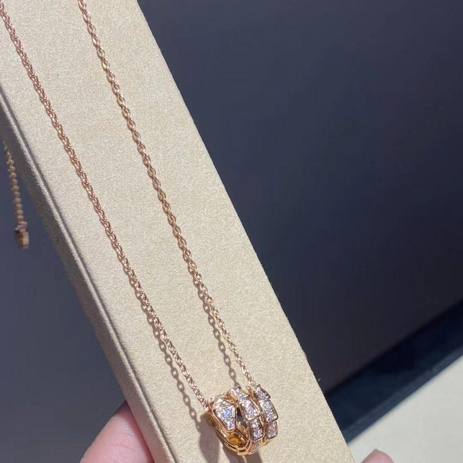 BVLGARI SERPENTI PINK GOLD NECKLACE DOUBLE RING DIAMOND